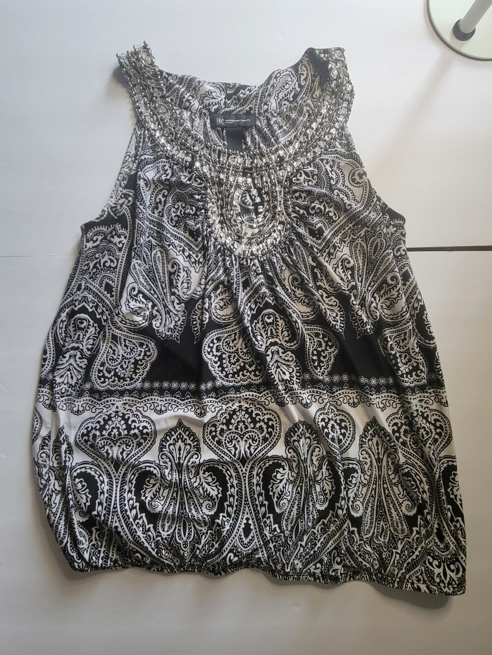INC International Concepts Women's Black & White Beaded Paisley Top